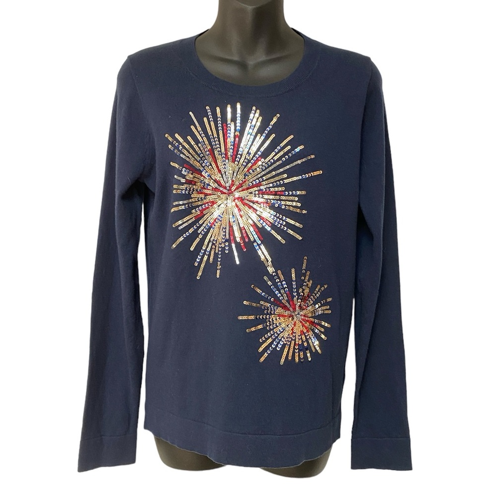 J Crew Factory Navy Americana Cotton Crew Neck Teddie Sweater